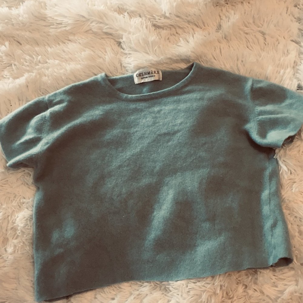 light blue short sleeved cropped sweater